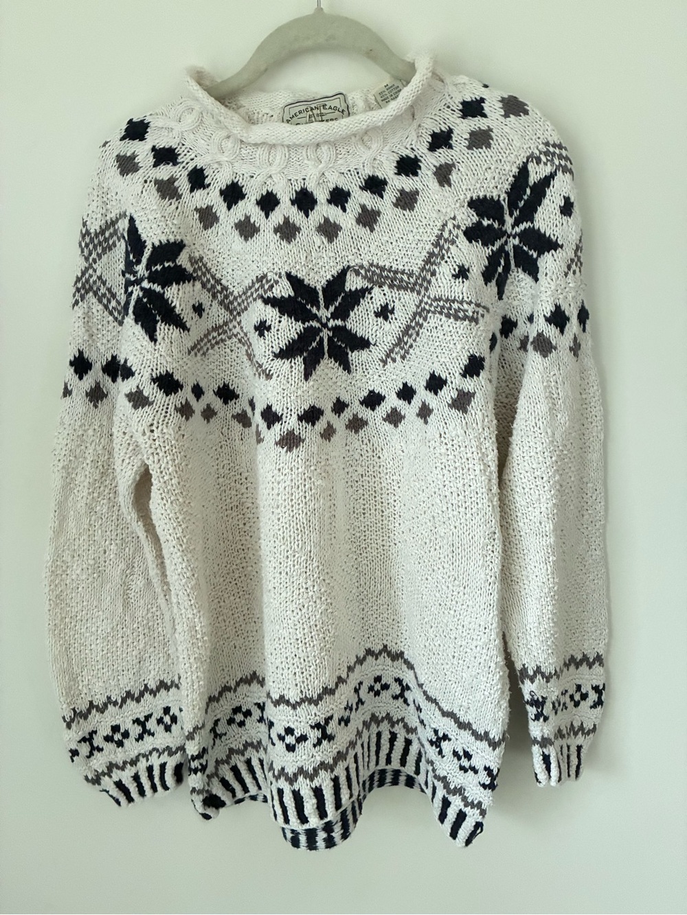 Vintage American Eagle Sweater Women’s M Handknit 90’s Rollneck Fair Isle Nordic